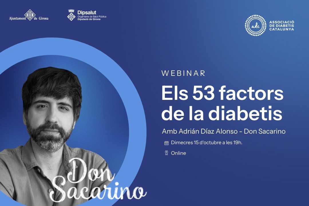 Text en imatge: Els 53 factors de la diabetis. Webinar- Amb Adrián Díaz Alonso. Foto: Adrián Díaz Alonso dins d'un cercle blau i el logo "don sacarino"
