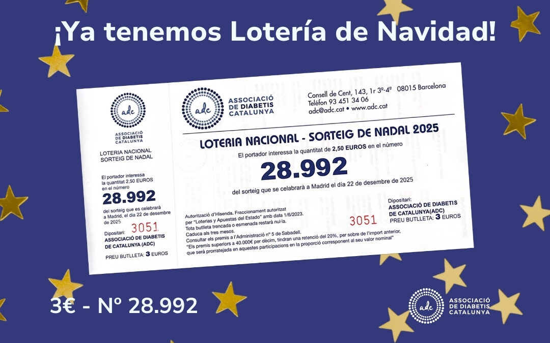 Imagen boleto de lotería con texto: "!ya tenemos lotería de Navidad! "3€, nº28992".